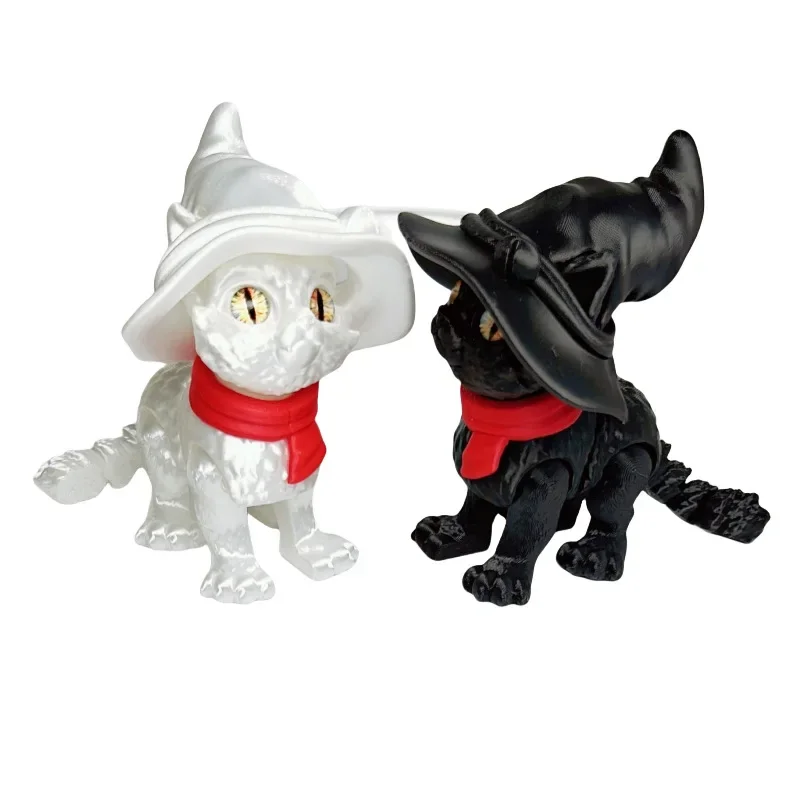 Magical 3D Printed Movable Cat Figurine with Witch Hat - Home and Office Decoration Gift