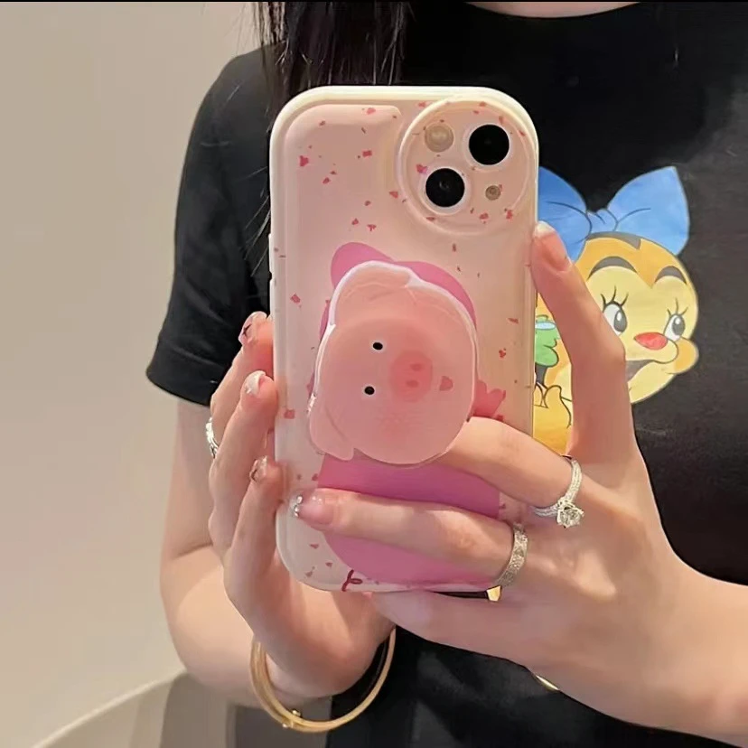 

For IPhone14 13 12 11 X/xs/xr/xsmax Promax Cartoon Creative Cute Pink Piggy Bracket All-inclusive Lens Film Protection Case