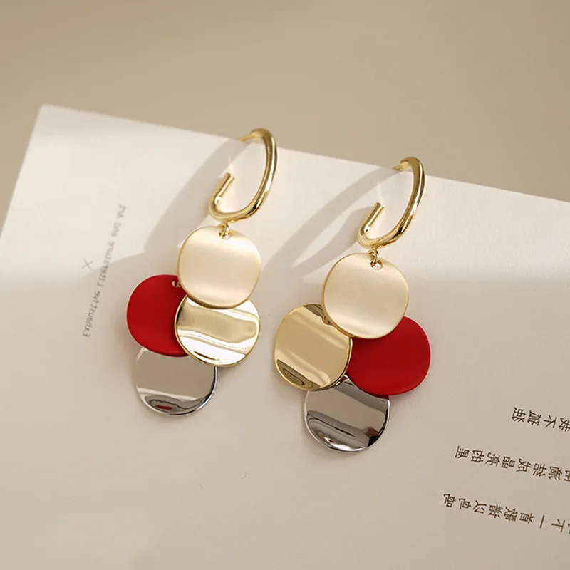 Fashion Tri-color Small Round Piece Pendant Earrings for Women Korean Version of The Elegant Long Tassel Earrings Party Jewelry