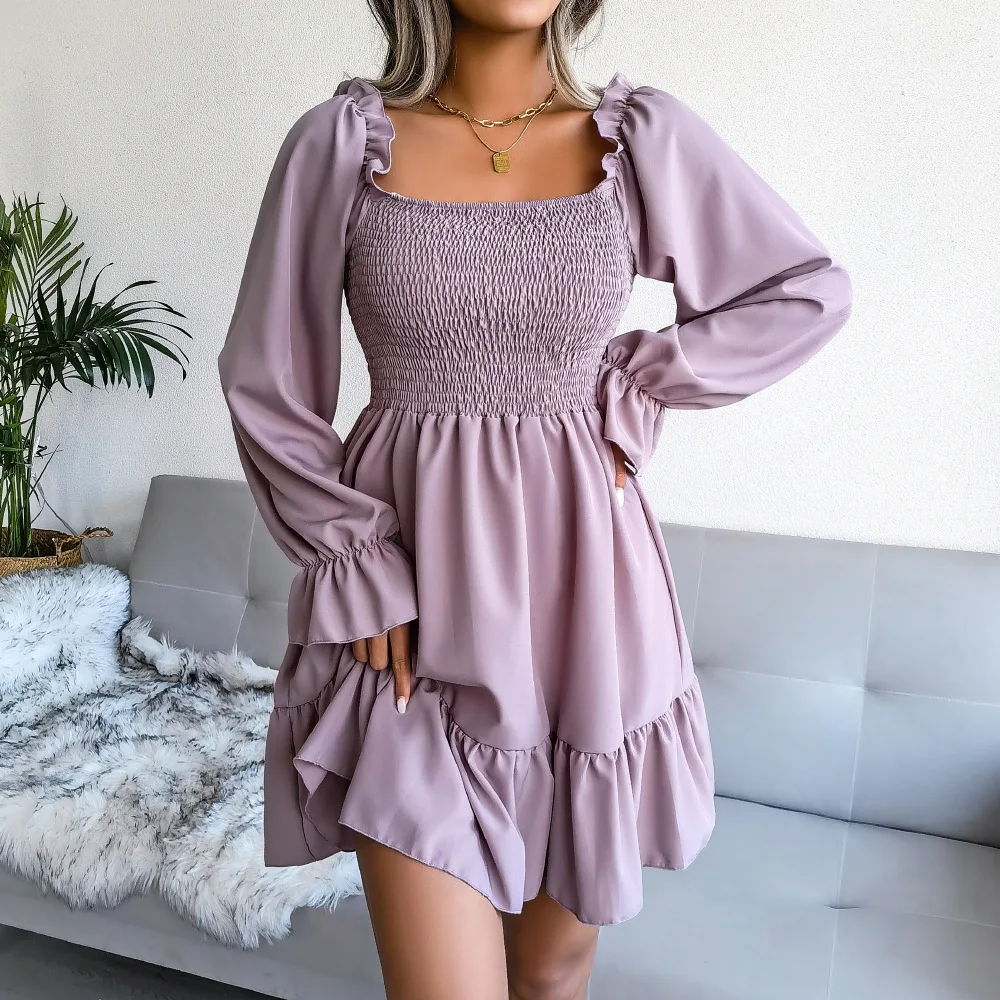 Women Solid Color Flared Long Sleeve Ruffled Dress