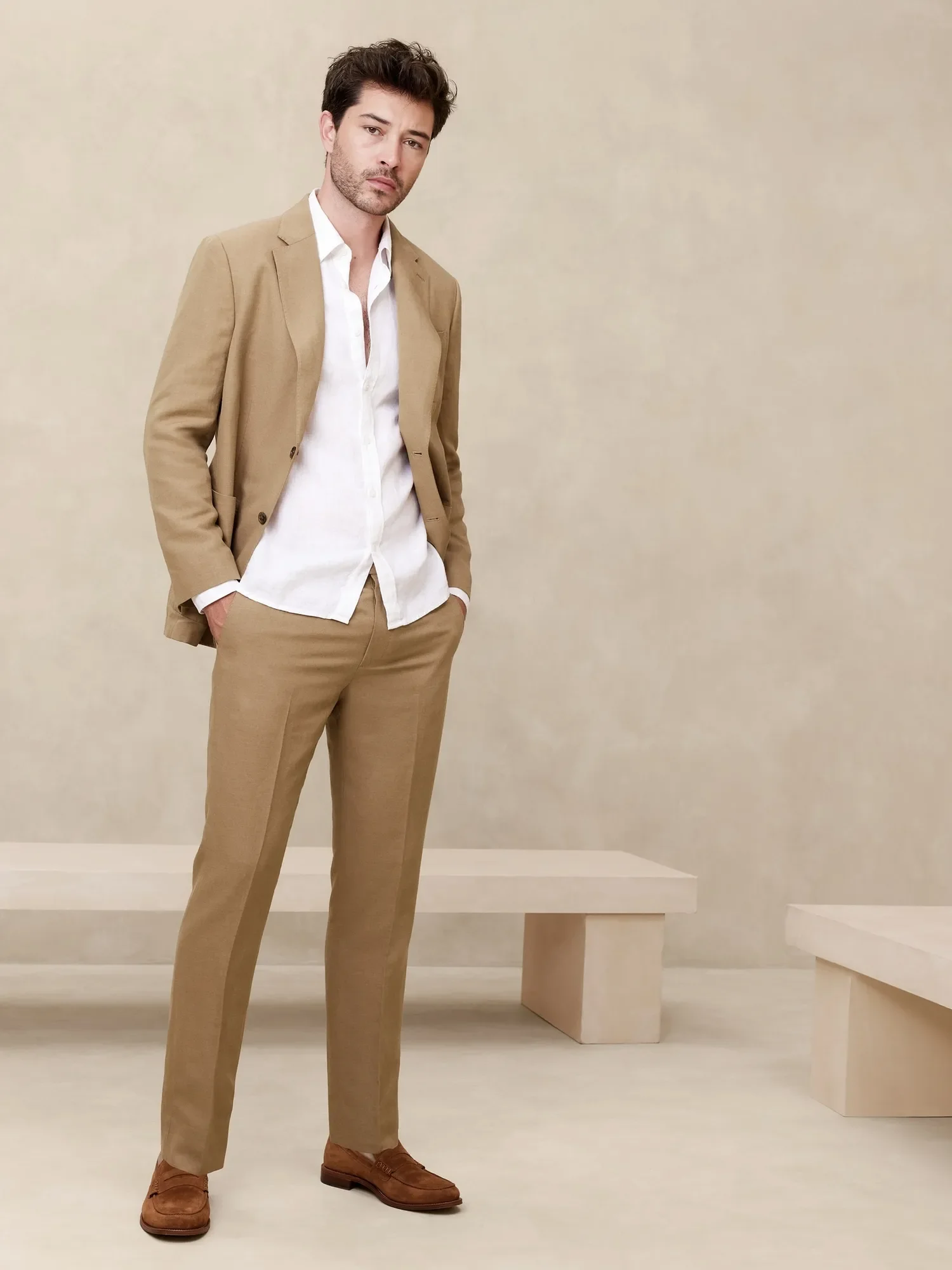 Khaki Brown Linen Casual Men Suit Smart Business Jacket Prom Elegant Blazer Sets Custom Slim Fit 2 Piece Tuxedo Costume Homme