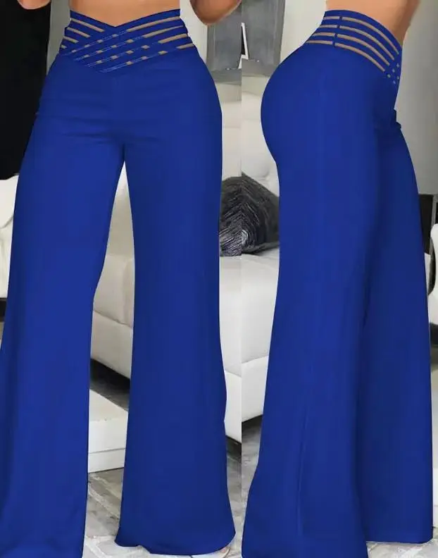 thumbnail image 1 of Pantalones elegantes de oficina de pierna ancha, de moda, informales, con parche de malla transparente entrecruzado, de cintura alta, acampanados para mujer, ropa de calle Y2k 2024, 1 of 4