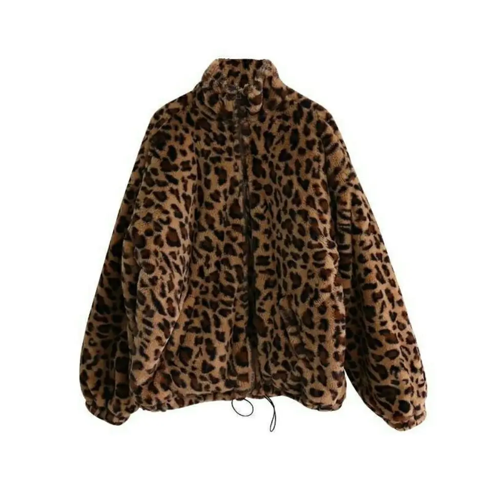 Vintage Leopard Warm Flurry Jacket Women Autumn Winter Thick Cropped Fake Fur Coat Korean Fashion Imitation Mink Zipper Outwear