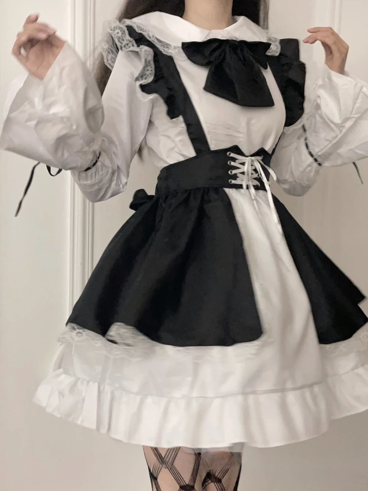 Women Maid Outfit Lolita Cosplay Cafe Costume Men Uniform Apron Dress Bowknot Mucama