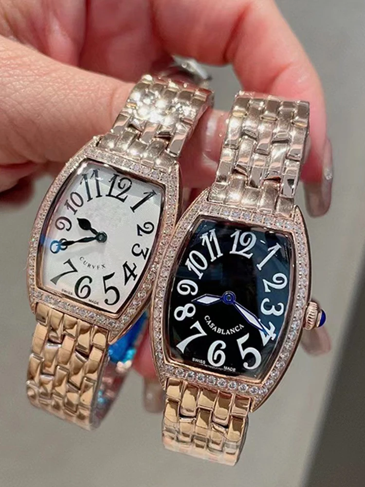 

Vintage steel diamond case arch mirror digital dial quartz watch 2024 Women's new wine barrel type watch fashion luxury watch