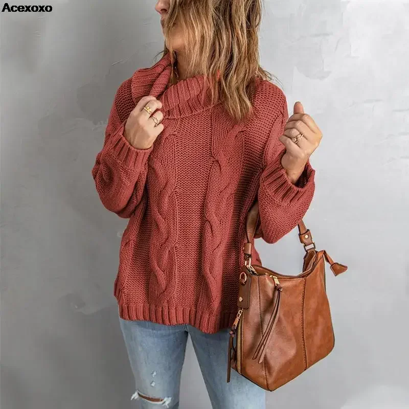 

Autumn and winter new women's fashion casual solid color sweater loose knit high-neck long-sleeved dress
