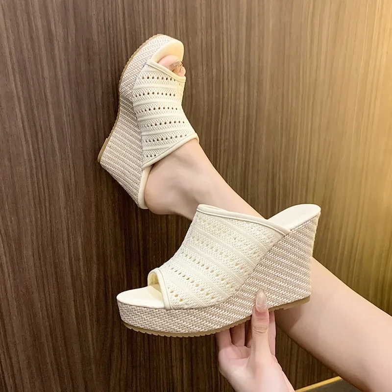 Beautiful Sandals and Slippers Women's Summer Wear Waterproof Platform Straw Thick-soled Wedge Heel High Heel Shoes