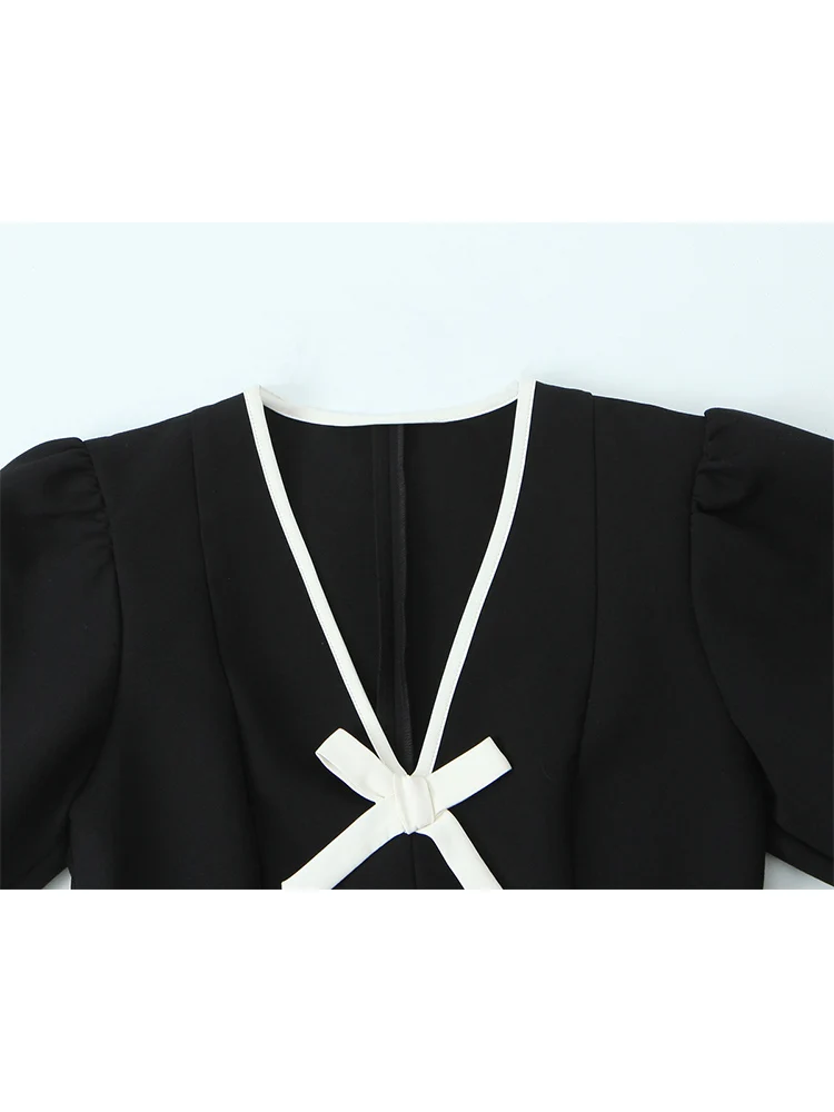 Women's Contrast Bow Short Dress Elegant Puff Short Sleeve V Neck Dress Sexy New Style Female Fashion Party Casual Mini Dress