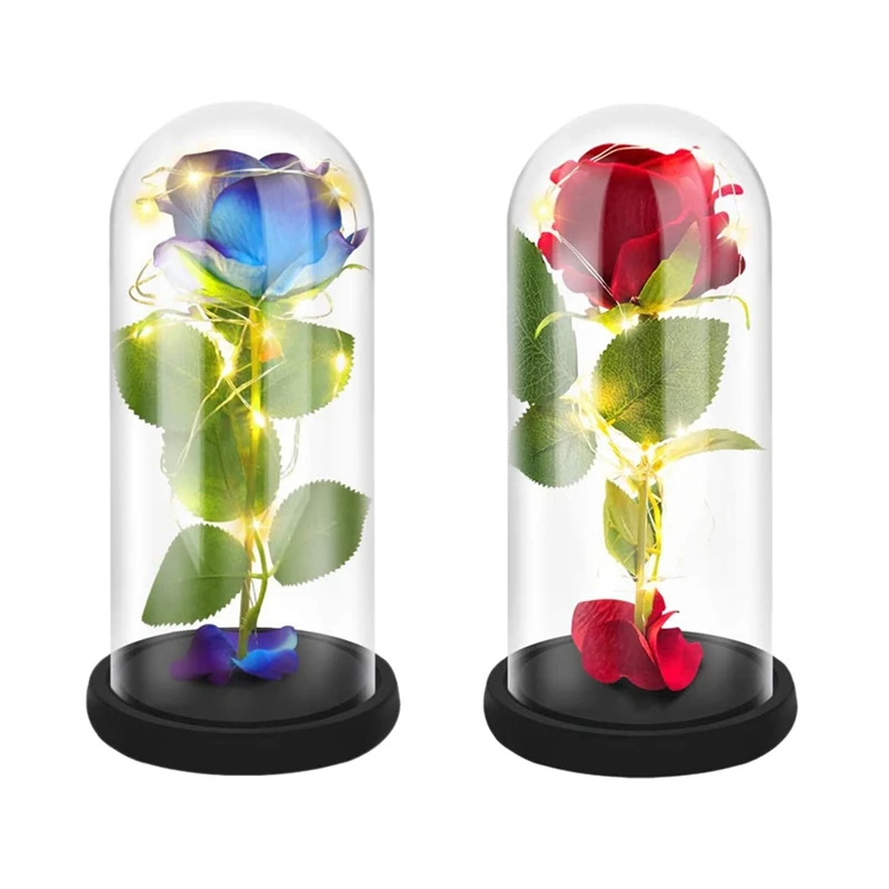 

2023 Hot-2 Set Rose That Lasts Forever Flower With LED Light In Glass Dome For Valentine's Mother's Day Birthday Gift, Blue & Re