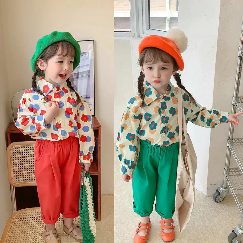 

Casual Baby and Girls Cotton Floral Single-breasted Shirt Tops+Twill Canvas Pants Suit Kids 2PCS Outfits Child Outerwear 2-8 Yrs