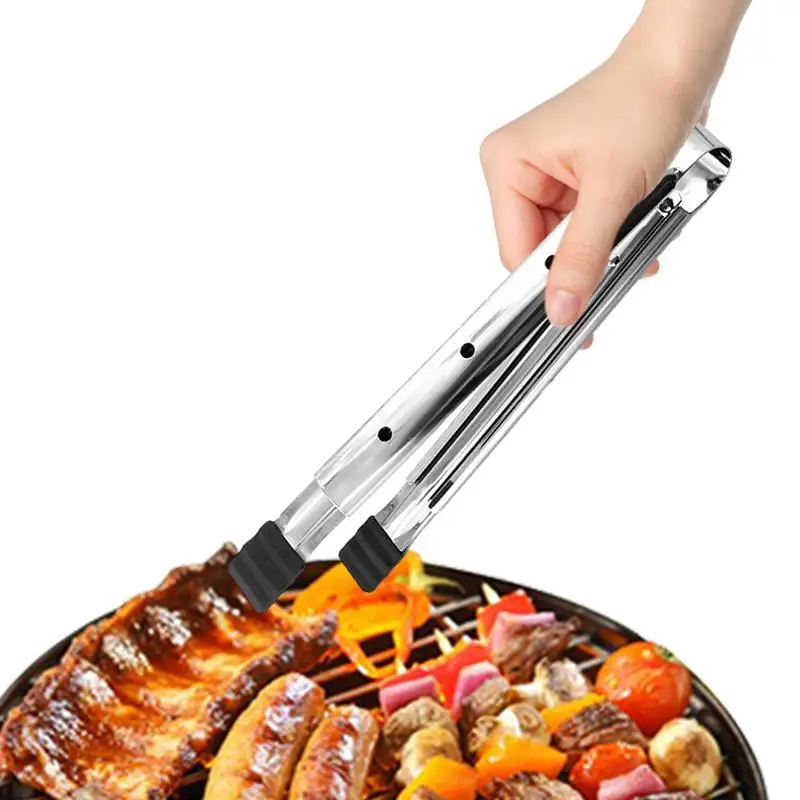 

Grill Tongs With Silicone Clamp Stainless Steel Extra Long Retractable Tongs Portable Multifunctional Bread Clip for Cooking