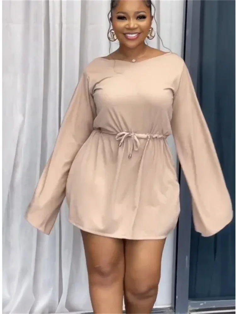 Wmstar Women Dress Autumn Fashion Solid Color Split Sleeve Drawstring Waist Long Sleeve Casual Dresses Wholesale Dropshipping