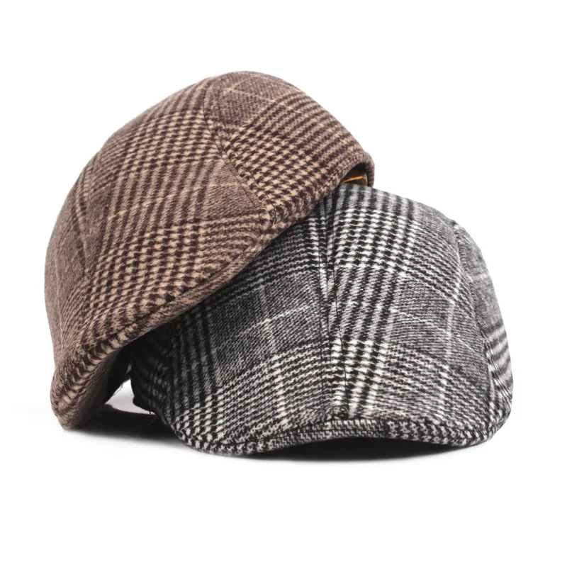 Men's Cotton Plaid Berets Caps Middle-Aged Autumn Winter Hats Boina Herringbone Newsboy Baker Boy Hat Women Tweed Flat Cap