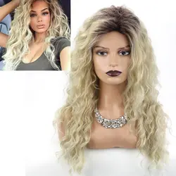 Russian Long Curly Wavy Wigs INS Hotselling Dark Roots Blonde Synthetic Long Water Wave Wig Dress Party Prom Wigs for Women