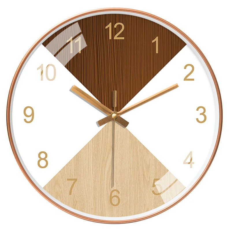 Wood Grain Simple Black Punch-free Wall Clock Golden Mute Cartoon Glass Clock Color:058J;Sheet Size:12 inch (30cm)