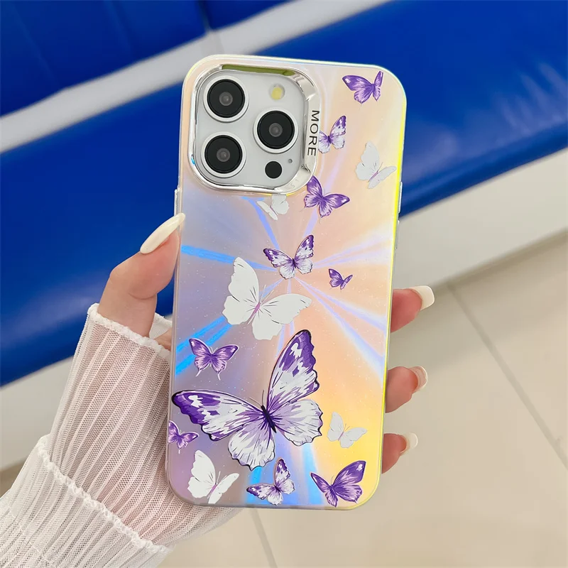 Coque de téléphone de luxe électroplaquée au laser papillon pour iPhone 16 15 14 13 Pro Max, coque arrière rigide antichoc en PC mat_voghion.com