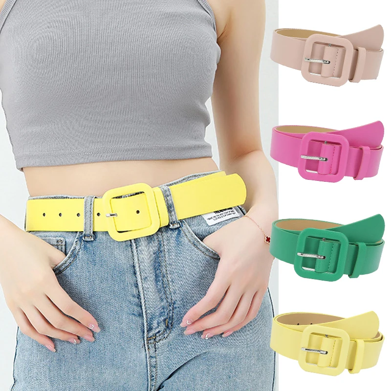 Fashion Square Buckle Simple Decorative Women's Belts Candy Color Pin Buckle Wide Belt Skirt Sweater Jeans Pants Ladies Belt new fashion ladies bright color wide belts for girls 2022 vintage square pin buckle coat dress women s waist belts