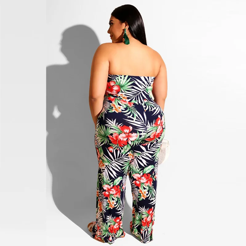 Plus Size Women 5xl Jumpsuits Floral Leaf Print One Piece Outfit 2022 Summer Casual Sleeveless Jumpsuit Wholesale Wide Leg Pants