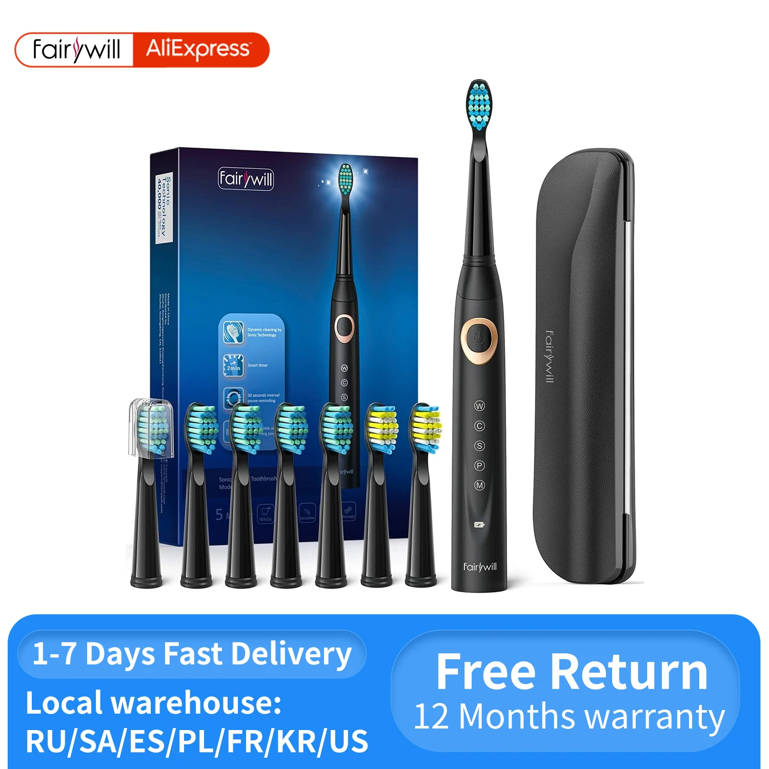 Fairywill FW-508 Sonic Electric Toothbrush Rechargeable Timer Brush 5 Modes Fast Charge Tooth Brush 8 Brush Heads for Adults sonic electric toothbrush 5 modes 4 8 electric toothbrush heads attachments rechargeable tooth brush ultrasonic sound brush