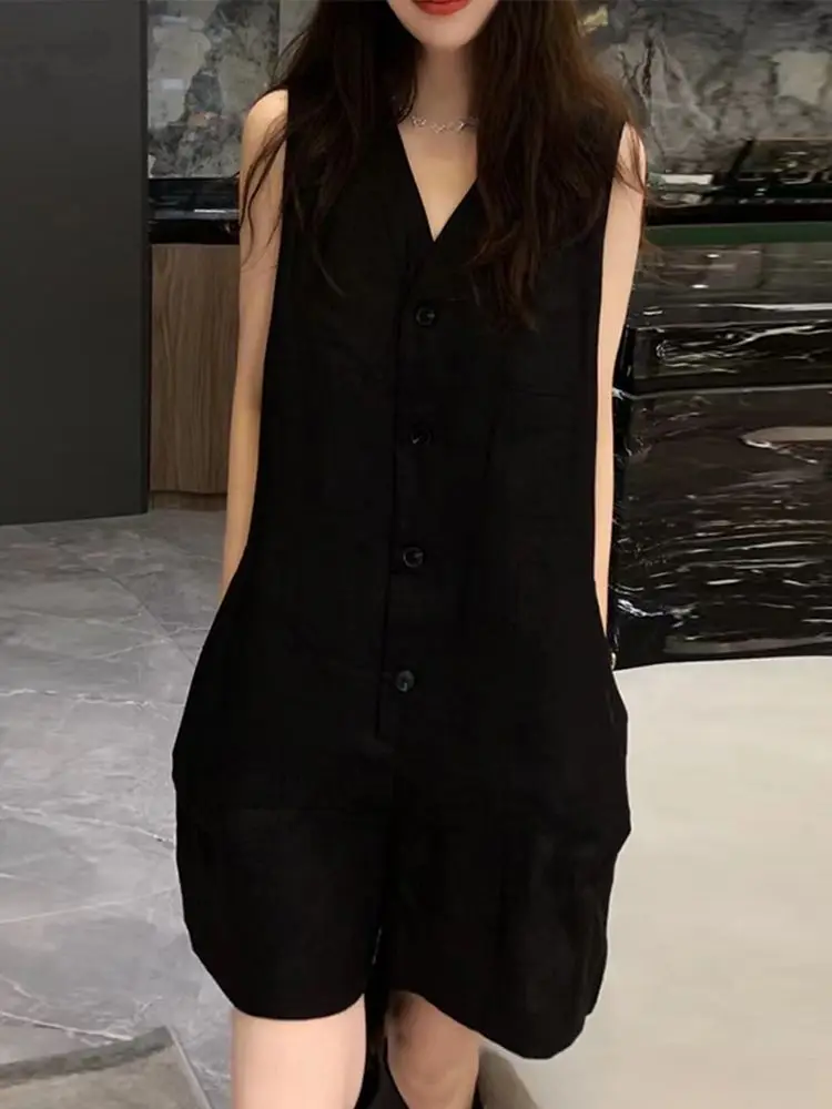 

2024 летние комбинезоны VONDA, женские короткие комбинезоны, сексуальные повседневные свободные модные однотонные комбинезоны без рукавов с V-образным вырезом и карманами