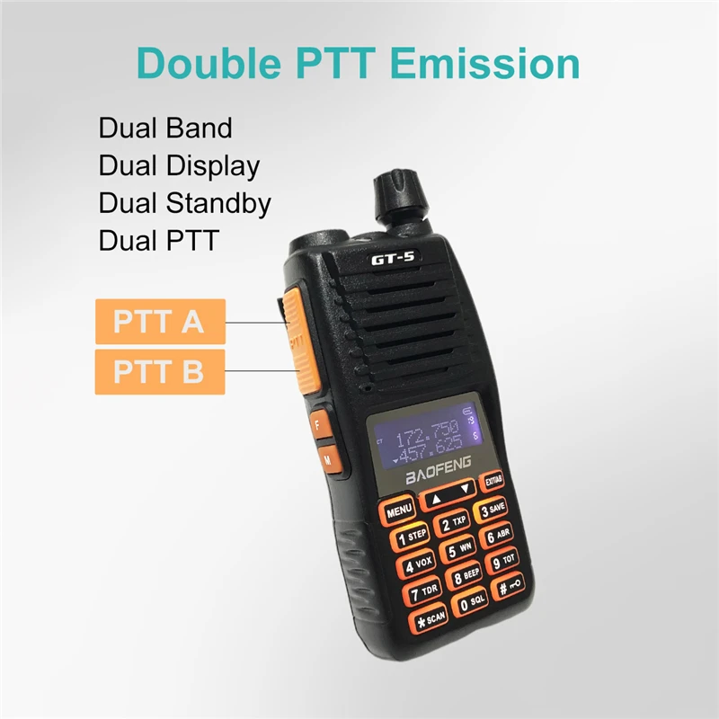 Baofeng GT-5 5W Powerful Walkie Talkie HF Transceiver Waterproof IP54 High Power 2-Way Ham Radio Dual Band PTT Portable Radios