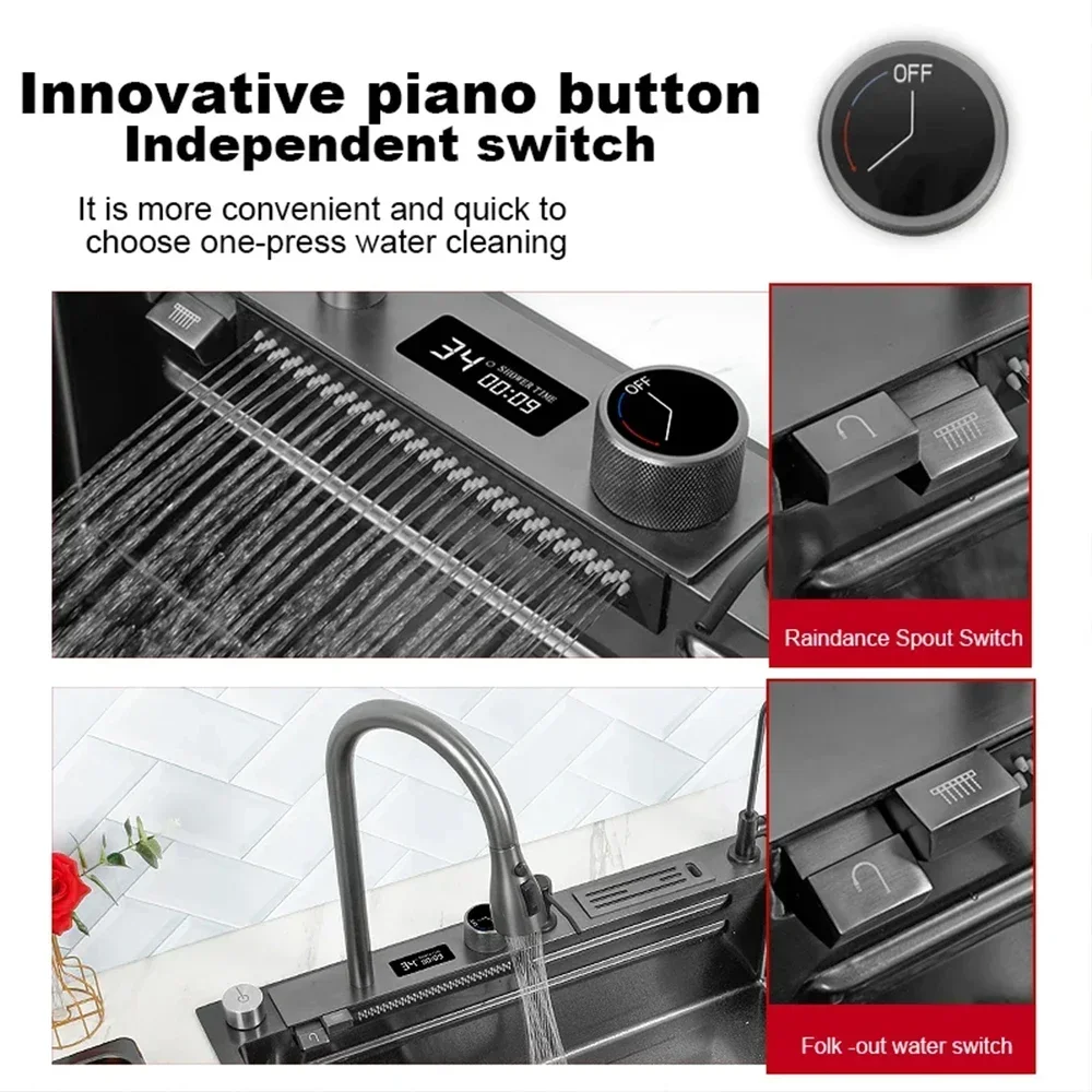 Left Drainage Kitchen Sink Single Bowl Kitchen Sinks Flying Rain Digital Display Waterfall Sink with Pull Down Sprayhead Faucet 5