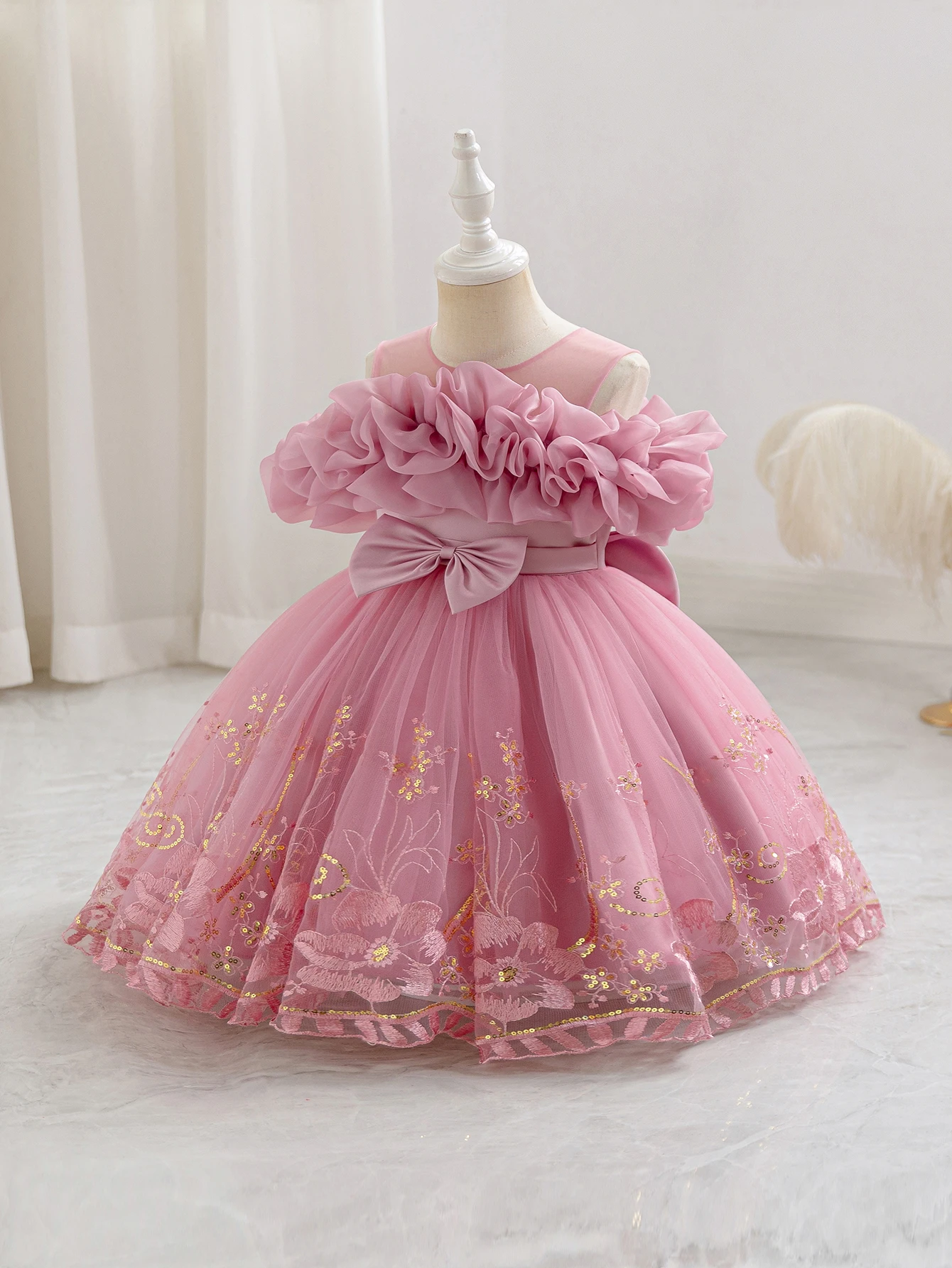 Kinderkleid, Einschultriges Kleid, Geburtstagsparty-Prinzessinnenkleid, Einfarbig, Hochzeit, Erster Geburtstag, Festtagskleid, Weihnachten – Detail 7