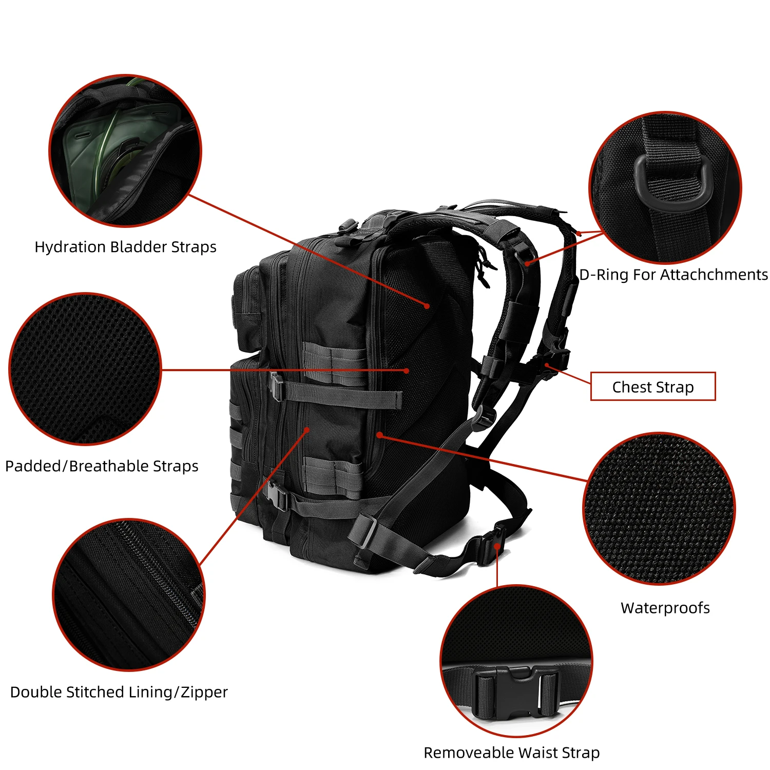 Waterproof Black Tactical Backpack for Outdoor Hiking