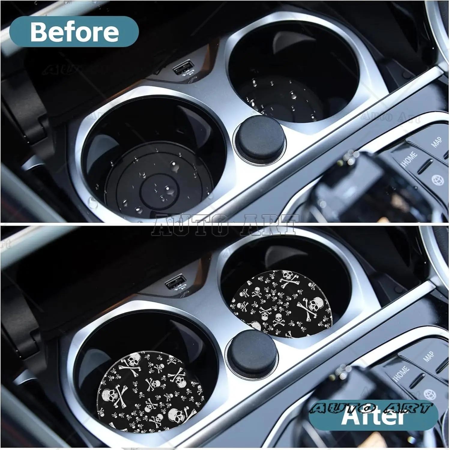 Skull Heads Car Cup Holder Coaster 2 Pack Pirate Skull Crossbones Anti-Slip Absorbent Ceramic Car Cup Coasters