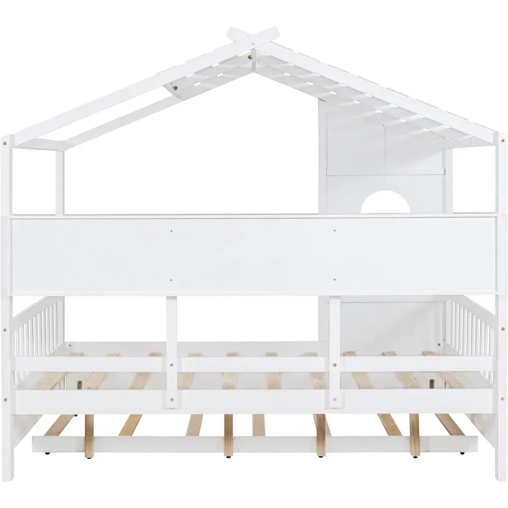 House Platform Bed for Kids Trundle Storage Shelf Wooden Low Bedframe Roof Window Guard Rails White