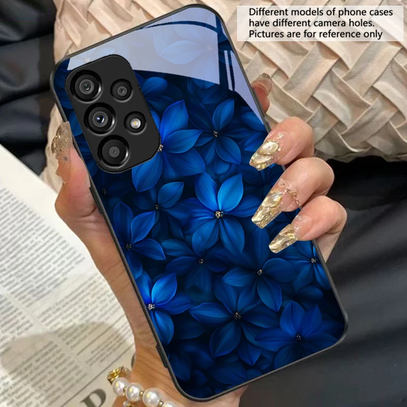 Blue and White Floral Black Tempered Glass Phone Case