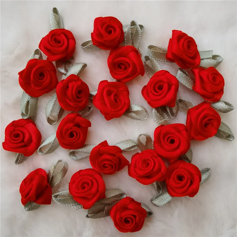 100pcs Small MINI ruban de satin fleurs rose mariage décoration à coudre Appliques bricolage 