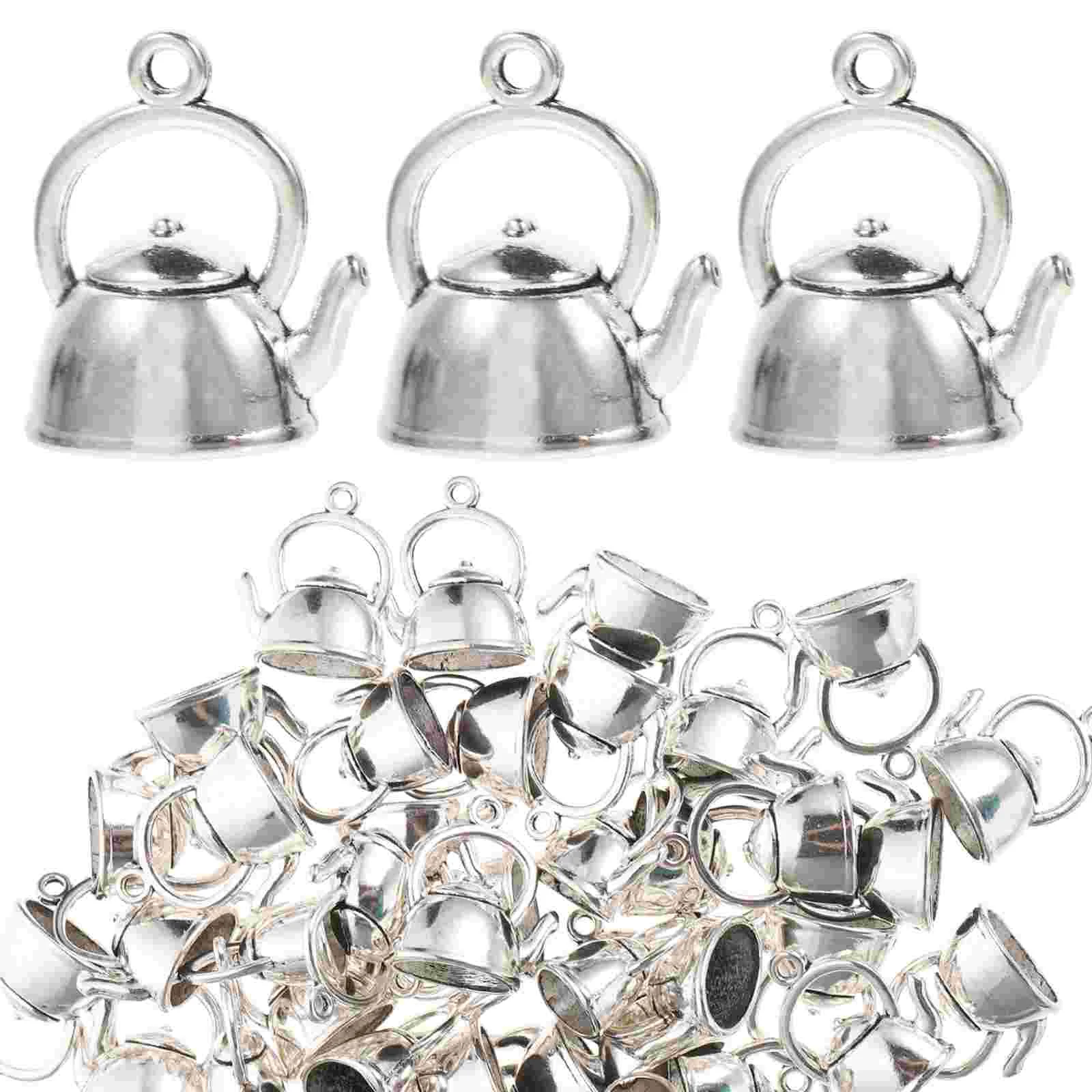 

50 Pcs Kettle Pendant DIY Supply Small Teapot Necklace Charms Shaped Unique Dangle Drop Alloy