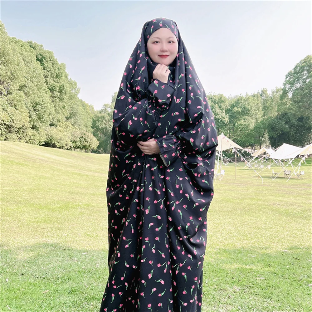 

Ramadan Muslim Women's Abaya Floral Prints Prayer Garment Muslim Hooded Dress Islam Prayer Gown Plus Size Long Saudi Africa Robe