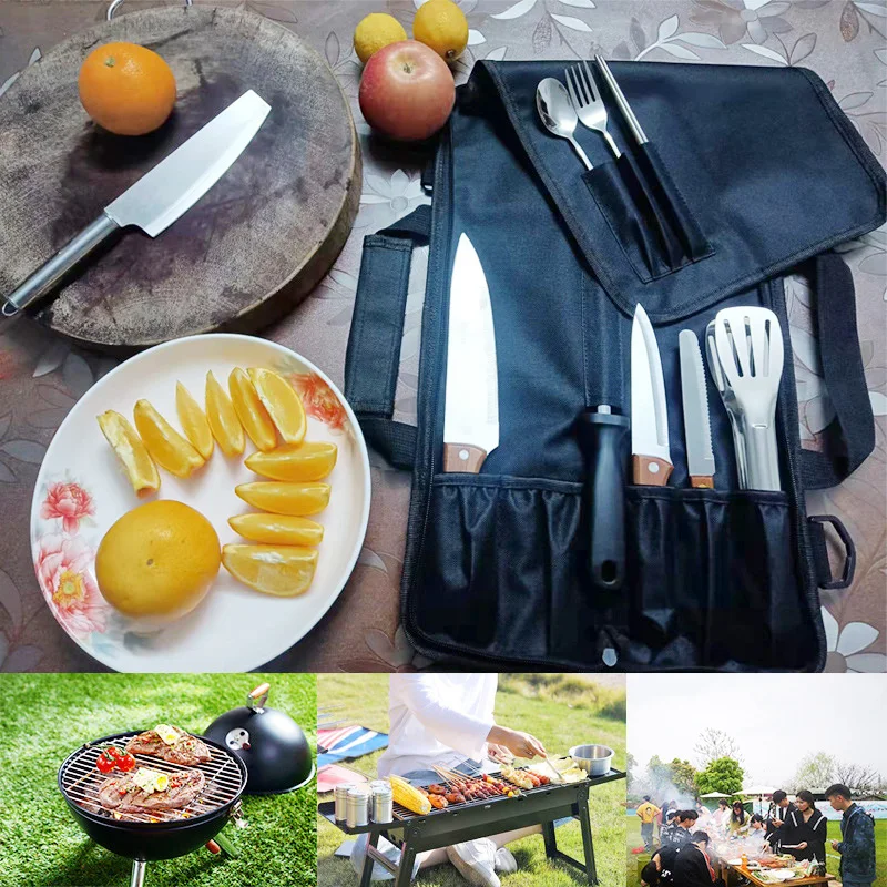 Professional 9 Piece Roll Knife Set,BBQ Knife Set,Knife Roll,Japanese Style  Premium Stainless Steel Chef Knife Set,Outdoor Camping Knife Set in One