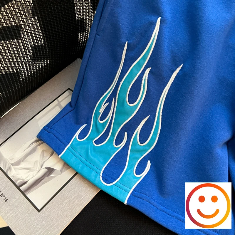 Hip Hop Flame Patch Embroidery Loose Straight Five Track Shorts Men Women Victory Match Sweatpants Drawstring Sport Shortpant