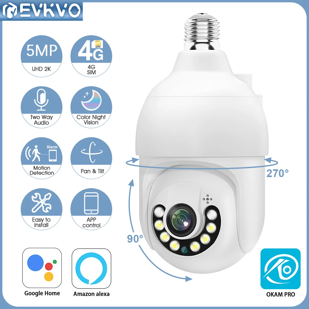 

EVKVO 5MP E27 Bulb 4G PTZ Camera AI Human Tracking Motion Detection Indoor 3MP Security CCTV Surveillance IP Camera OKAM PRO