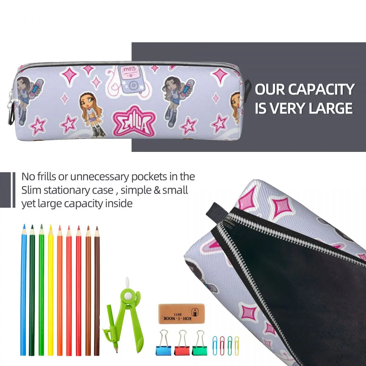 Hot Emilia Mernes Mp3 Pencil Case Pen Holder Bags Student Large Storage Students School Zipper Pencilcases