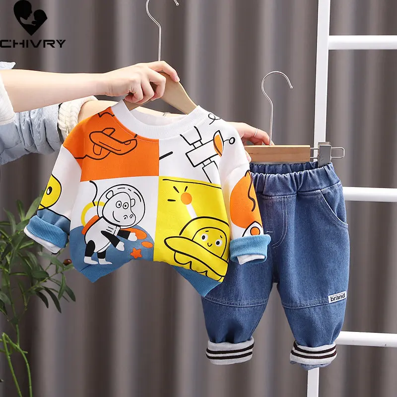 

Boys Fashion Clothing Sets New 2023 Kids Baby Spring Cartoon Crew Neck Sweatshirt Tops with Denim Pants Children Casual Clothes