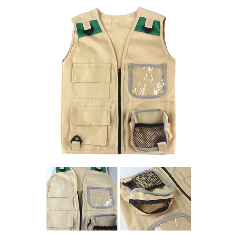 Outdoor Adventure Kit,Young Kid's Khaki Cargo Vest And Hat Comfortable And Durable Explorer Costume Role Play Toy