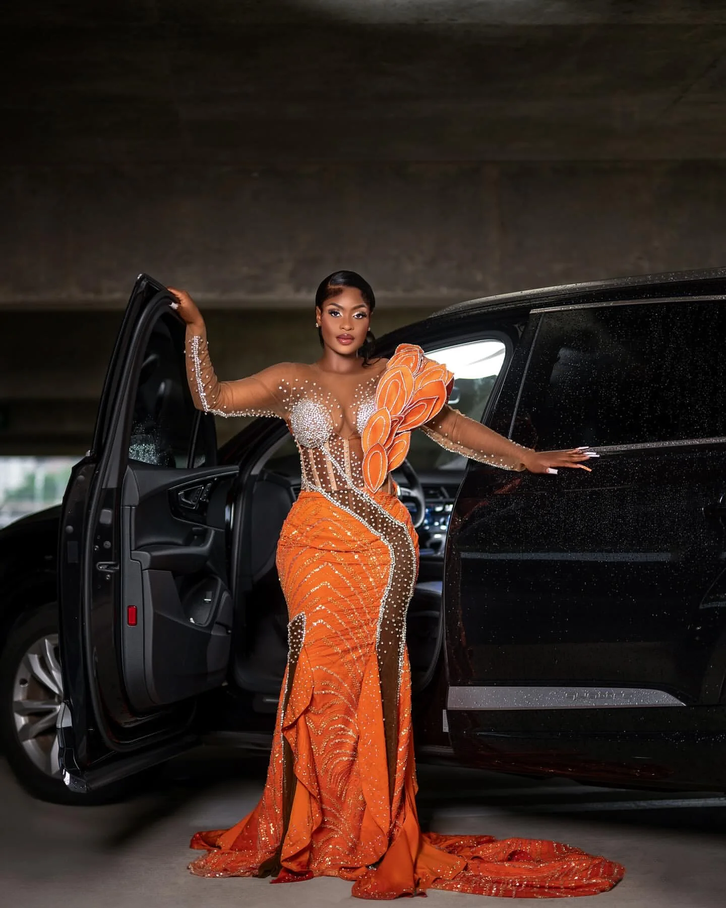 Orange Mermaid Prom Dresses Florals Crystals Beaded Sequined Evening Formal Party Birthday Gowns Dresses ZJ187