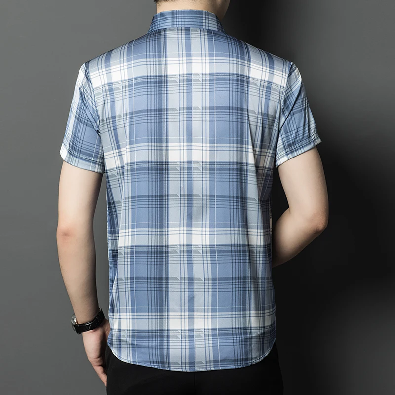 New Men's Fashion Mulberry Silk Clothes Summer Patchowork Stripes Poplin Shirt Male Soft Silk Dress Shirts Short Sleeved