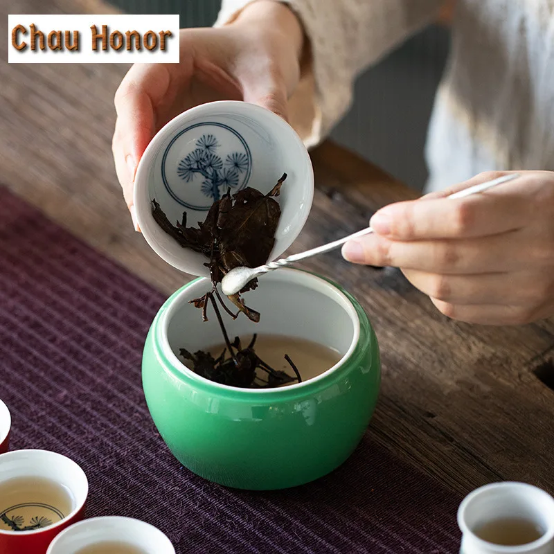 260ml Retro Okra Green Glaze Ceramic Tea Residue Jar Household Tea Garbage Can Tea Residue Bucket Kung Fu Teaset Accessories