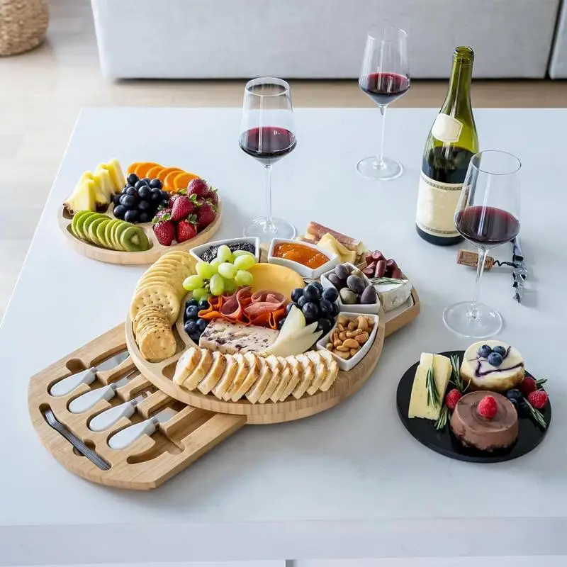 Charcuterie 보드 세트 나무에 둥근 Charcuterie 보드 내장 서랍 서빙 트레이 주방 홈 야드 용 식품 용기