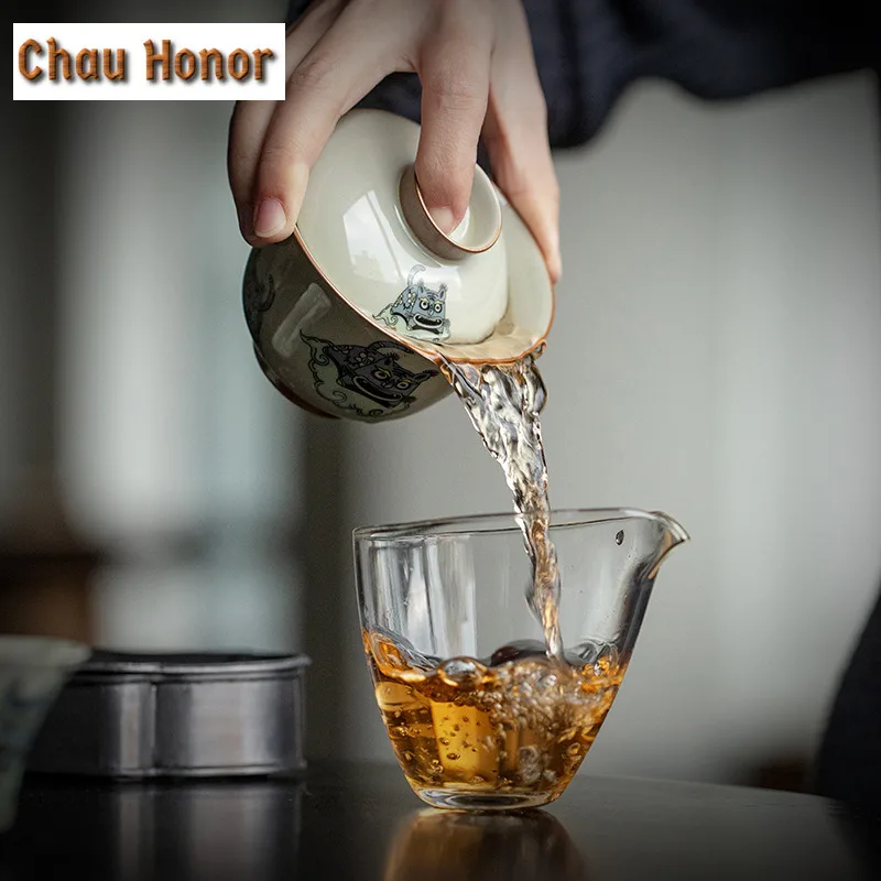 Boutique Tiger Art Ceramic Tea Tureen 150ml Household Honey Glaze Porcelain Gaiwan Teaset Kung Fu Small Tea Cups New Years Gift