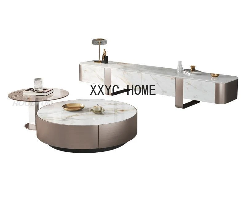 

Роскошная мебель для гостиной, розовое золото, нержавеющая сталь, ТВ, Мраморный Круглый кофейный столик, комбинация