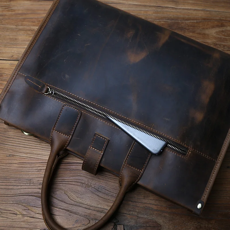 NZPJ Vintage Genuine Leather Men's Briefcase Natural Cowhide Handbag Crazy Horse Leather Computer Bag Casual Crossbody Bag