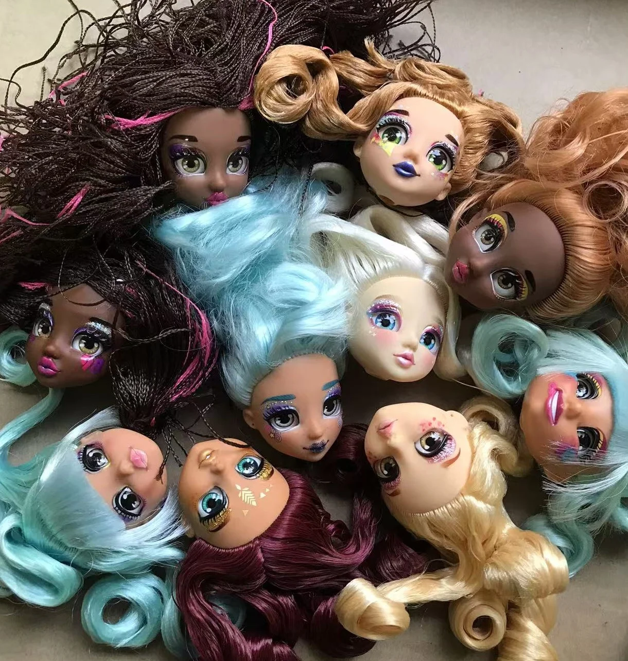 Cute Doll Heads Sparkly Alive Glasses Eyes White Purple Blue Wine Red Hair Heads White Skin Doll Accessories Parts