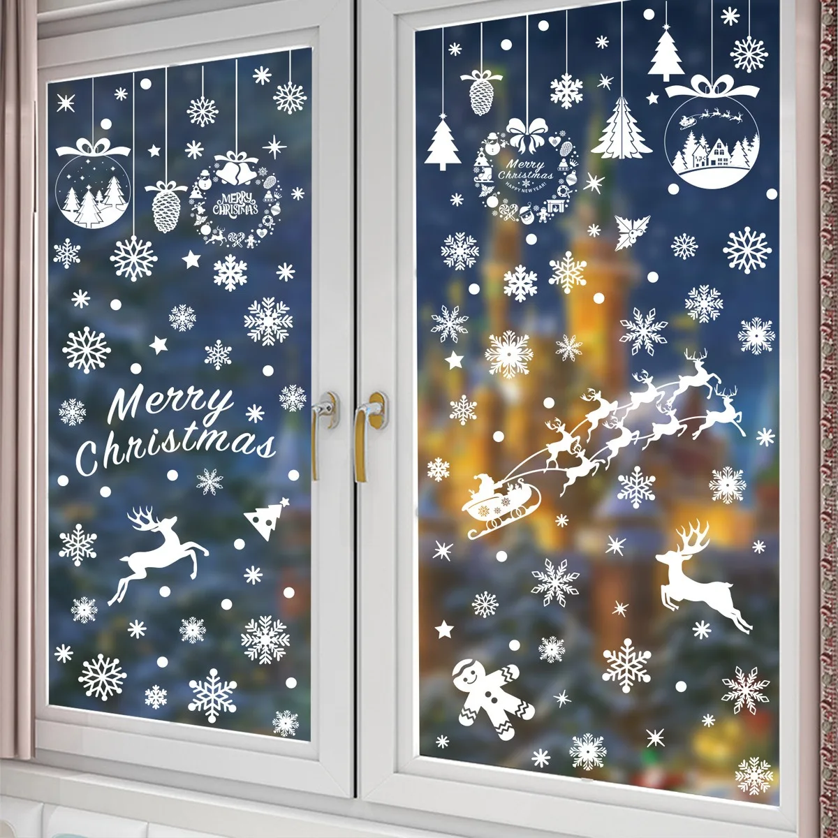 Christmas Decors Hanging Ball Candy Stick Snowflake Glass Sticker Xmas Tree Snowman Static Sticker Noel Natal Merry Christmas christmas stickers wall sticker