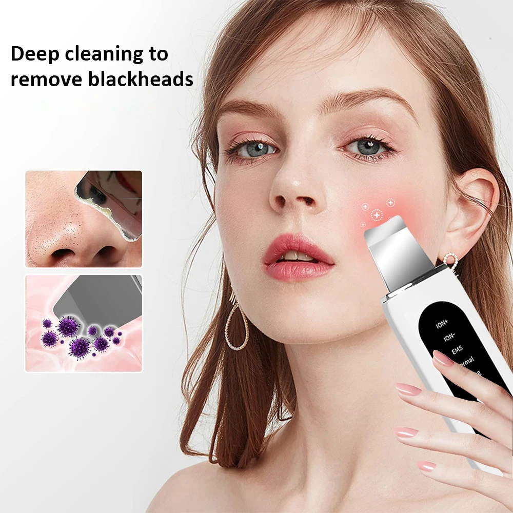 Ultrasonic Skin Scrubber Facial Shovel Deep Cleaning Blackhead Remover Face Pore Cleanser Dead Peeling Cavitation Ion EMS Lift